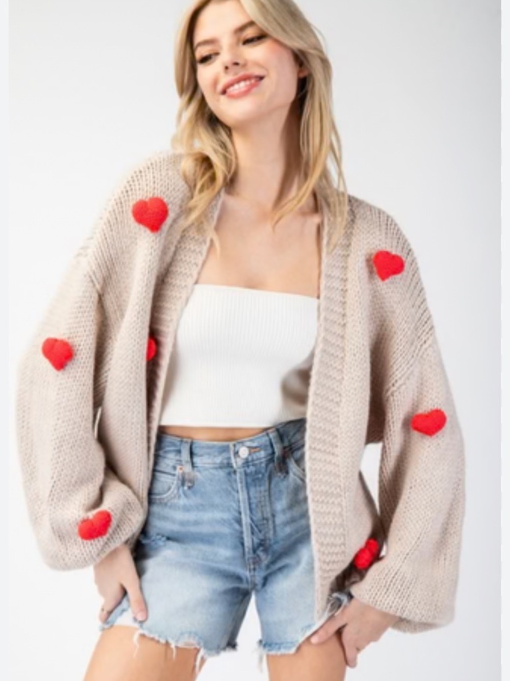 Anthropologie Bailey 44 3D Cozy Beige Open-Front Heart Patch Sweater One Size